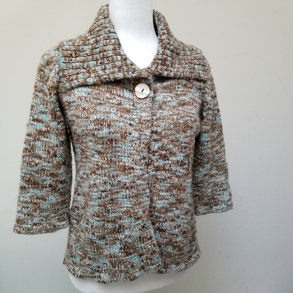 Chunky Knit Tan and Light Blue Cardigan Sweater Size S